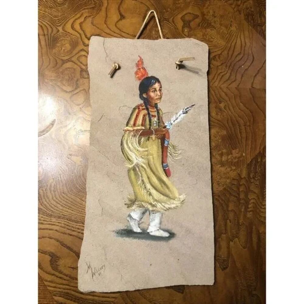 Native American Indian Painting On Stone Slab Signed Slate Flagstone Aztec Decor